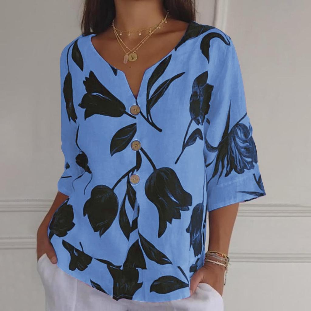 Blumen V-Ausschnitt Kurzarm Pullover Shirt Lässig Damen Slothing