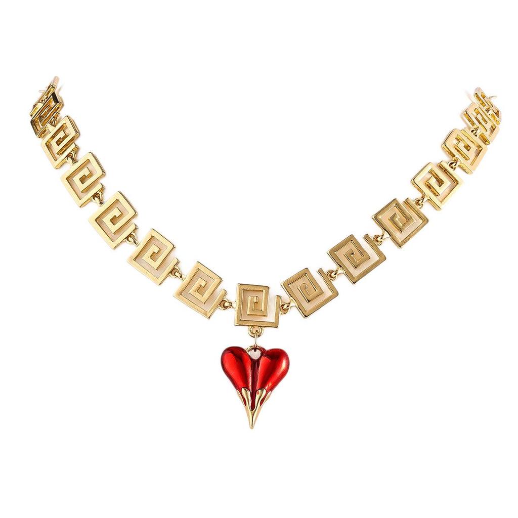 Europäische geometrische quadratische Halskette: Roter Herzanhänger, Modische Schlüsselbein-Kette für Damen.