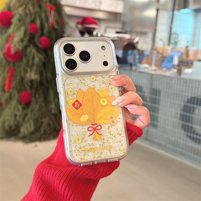 Chinese Gold Foil Yuanbao Pomelo Leaf iPhone 17/16 Pro Max/15/14 Case 15 Pro Max