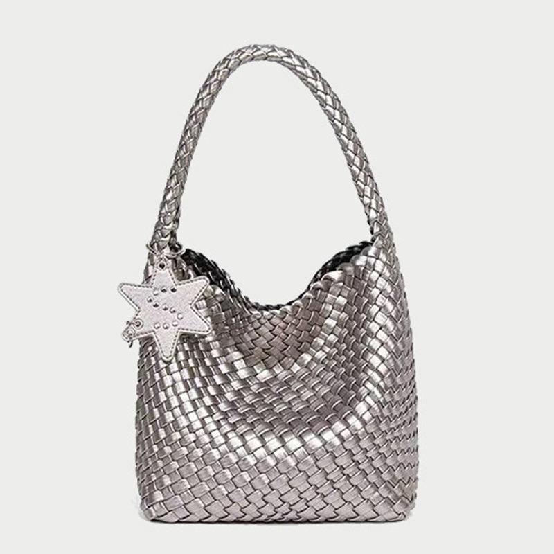 New champagne gold hand-woven tote bag women's large-capacity fashion leisure bag commuter shoulder bag