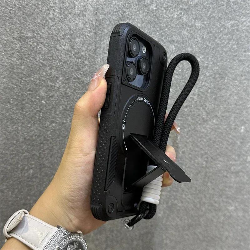 Popular Cool Rugged For Magsafe Charging Case For iPhone 17 Air 16E 15 14 13 12 Pro Max Wrist Strap Hidden Stand Anti-Drop Cover