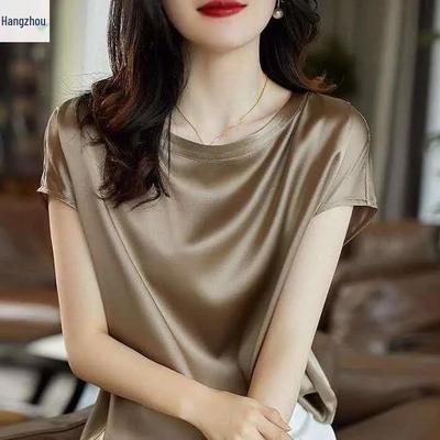Top de damă cu gât rotund din satin fals - Mânecă scurtă, Culoare uni, Versatil, Umeri căzuți, Stil de vară