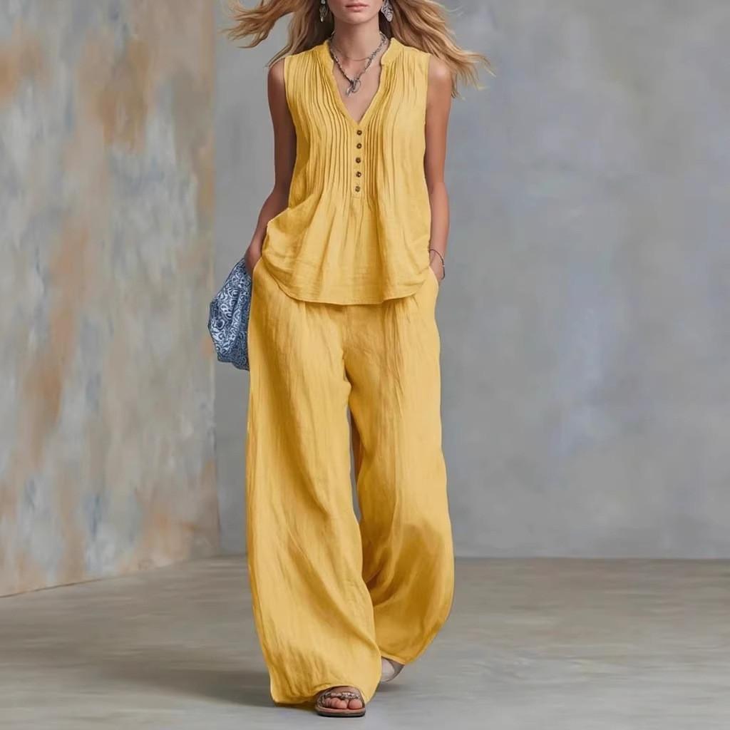 Casual Sleeveless Vneck Pants Set For Women With Polyester Splicing Style For Summer
