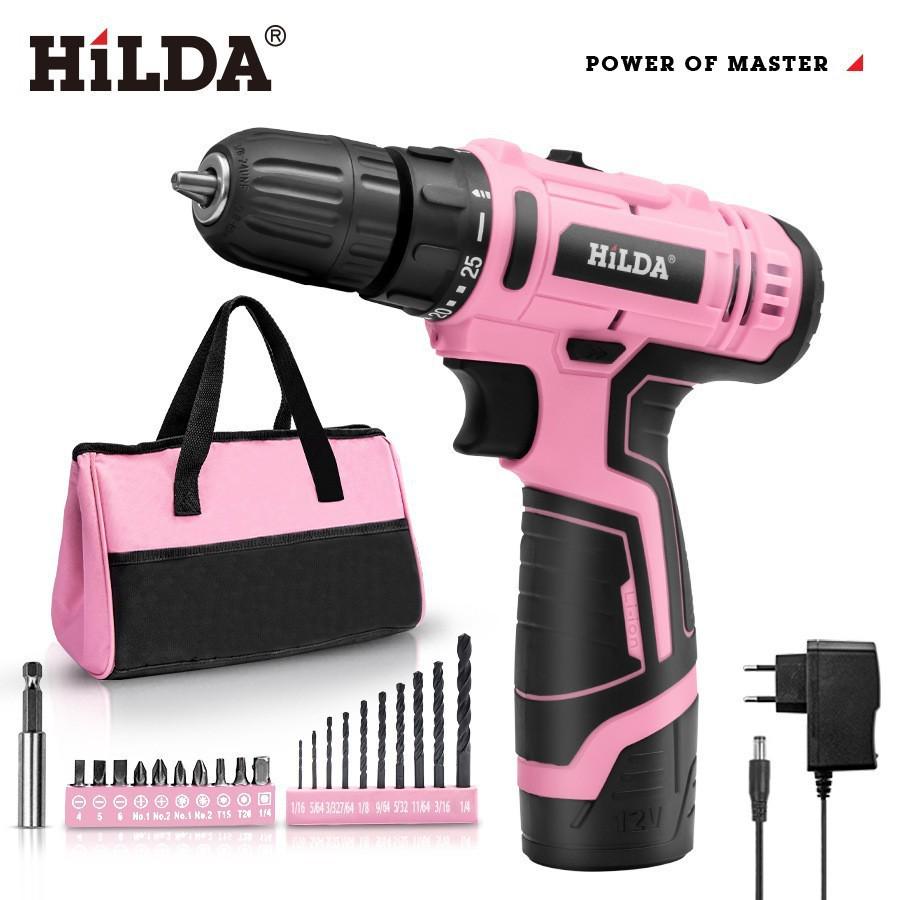 12V Pink Electric Screwdriver & Impact Drill Set with Double Speed, Bits, and Accessories