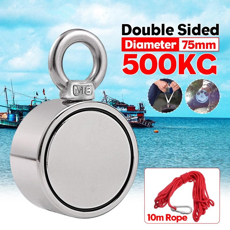 75mm 500KG Double-sided Fishing Magnets Round Hook Salvage Magnet Sea Fishing Equipments Holder with Ring 10M Rope