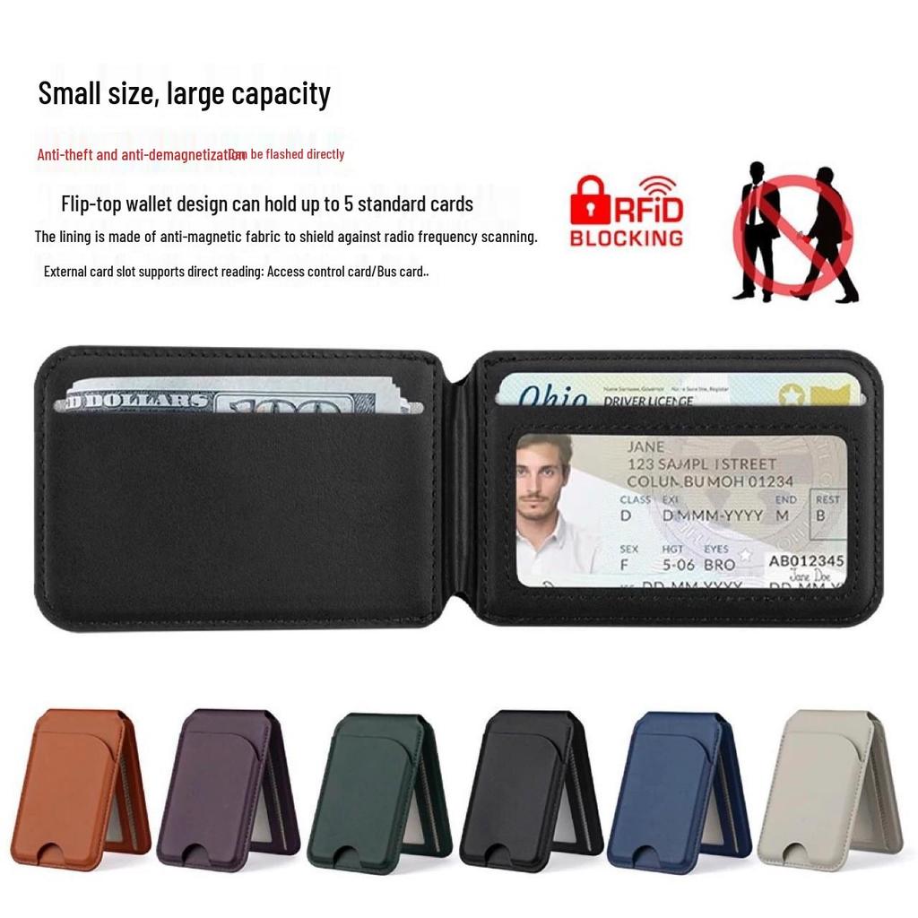 European Fashion Magnetic MagSafe Card Holder: Eco-Friendly PU Leather Folding Stand with Metal Hinge.