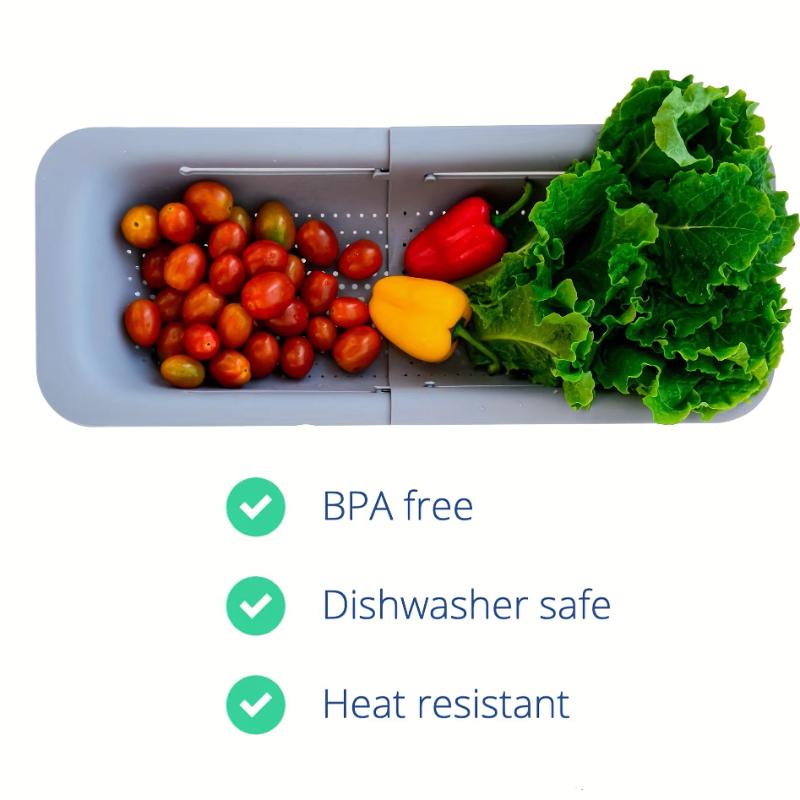 Sink Colander Basket, Organizer Storage Blue, Draining Plate - Expandable Home Kitchen Essentials (7.9Wx14.5-19.5Lx2.75H) Gray