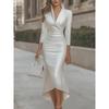 Women's Solid Color Satin Wrap V Neck Three Quarter Sleeve High Low Mermaid Bodycon Maxi Dress Formal Party Dress