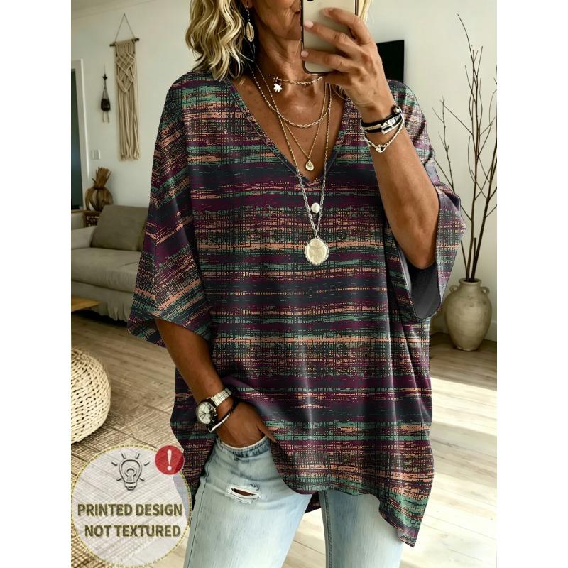 Printed Color Art Stripe Print T-Shirt, Plus Size V-Neck Women's Ethnic Style, European and American Art Seven-Eighth Batwing Sleeves