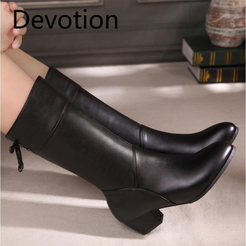 Lace-up Shoes, Square-heeled Mid-calf Boots, Women's Mid-heeled Large-sized Side Zipper Leather Boots Devotion