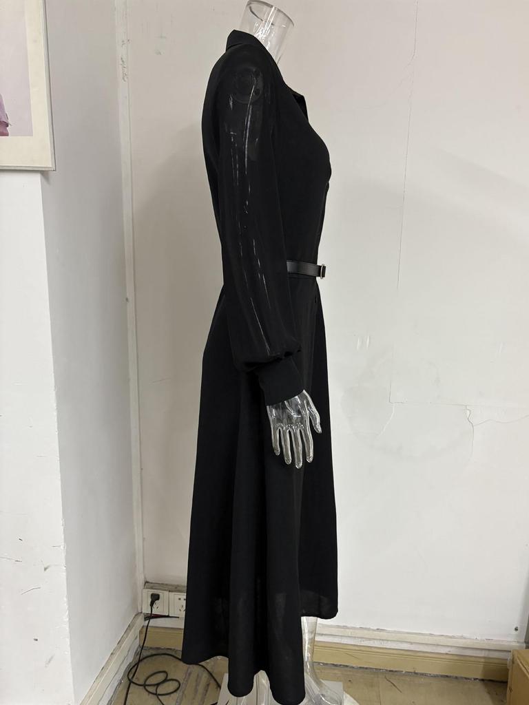 French Elegant Black Mesh Long Sleeve Waist-Cinching Slim Dress for Women