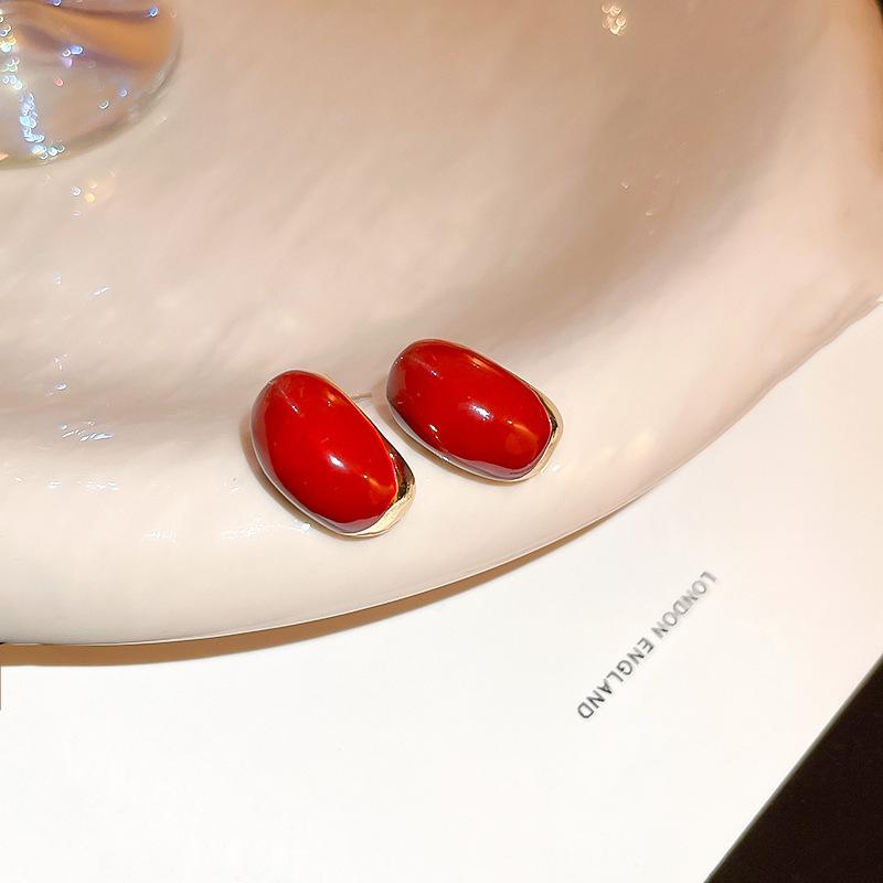 Square love red earrings literary and artistic fan temperament retro stud earrings New Year's earrings women