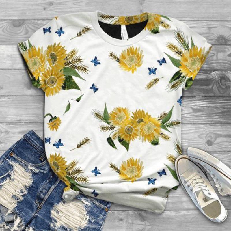 Damen Sommer Europäisch und Amerikanisch Neu 3D Freizeit Kunst Design Blumen Bedrucktes T-Shirt