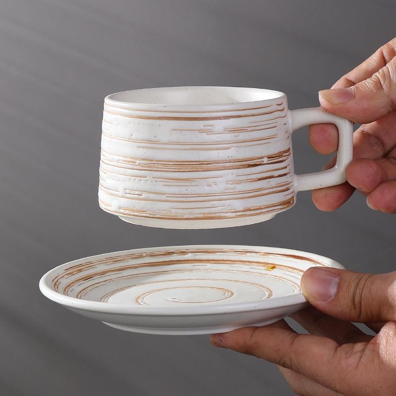 Embossed Ceramic Coffee Cup & Saucer with Brushed Texture - Perfect for Office and Tea Time