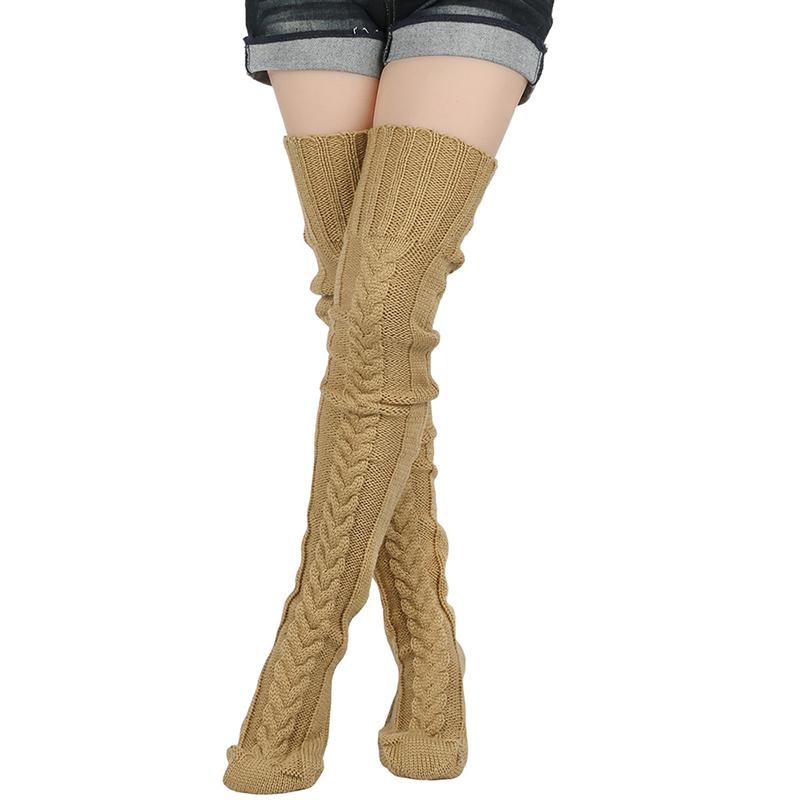 Sexy Warme Socken für Herbst Winter Grobwollige Unifarbene Socken Warme Lange Wollige Krapfen-Stil Kniehohe Strümpfe One Size beige