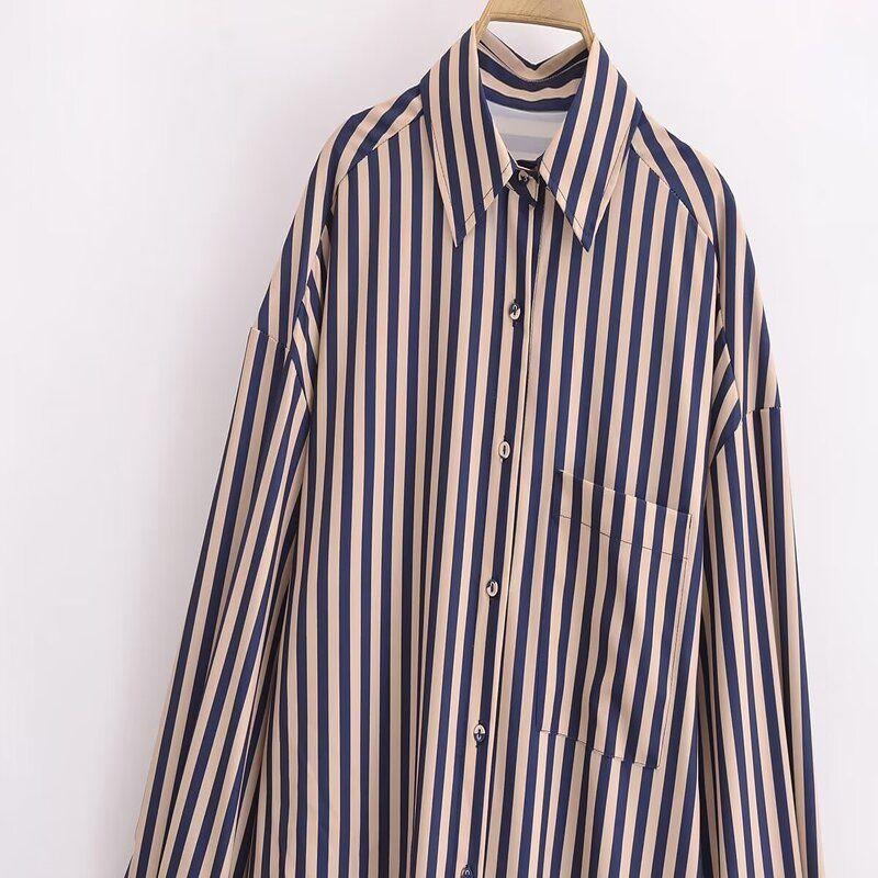 2024 Women's Spring New Stripes Casual Easiest for Match Loose Lapels Long Sleeve Shirt Top 2731816 704