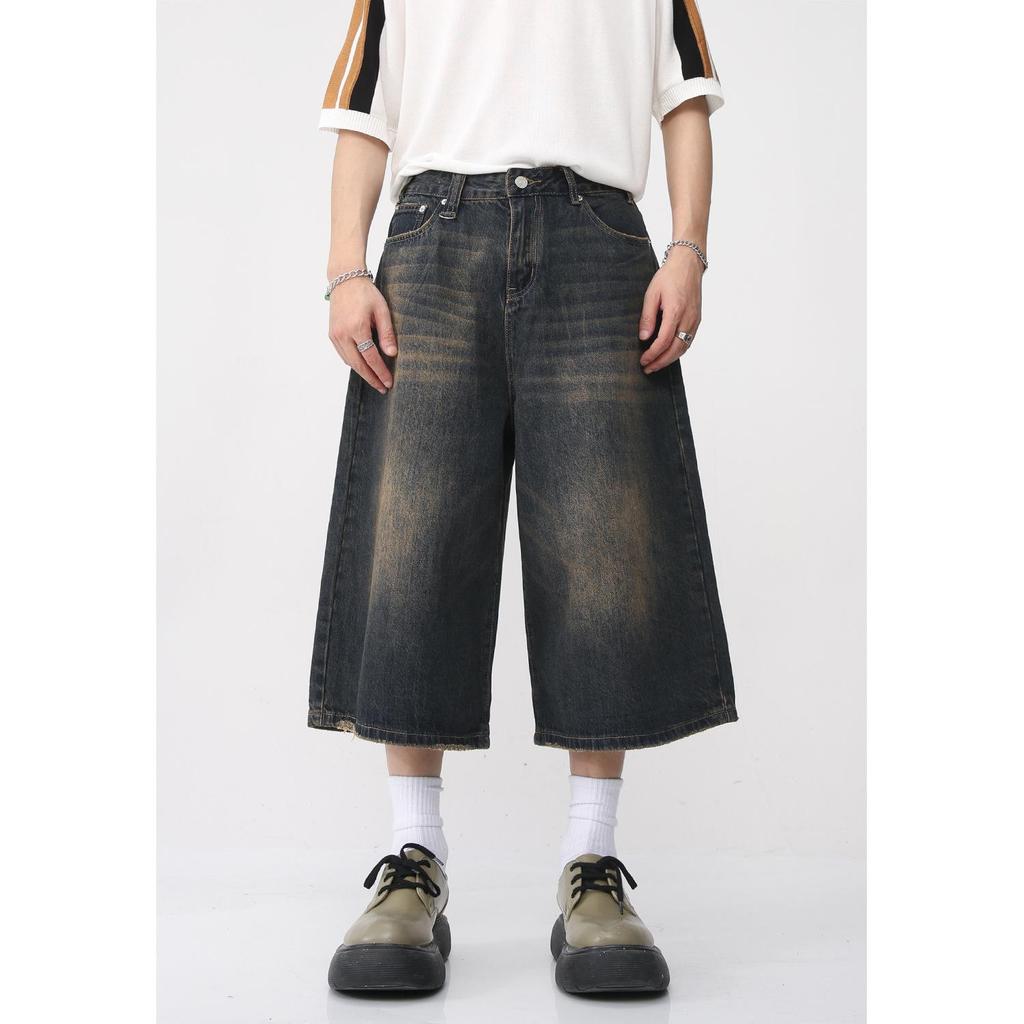 Jeans da Uomo Vintage Estivi Larghi Maschili a Gamba Larga Corti al Ginocchio Lavati Moda Denim Pantaloni