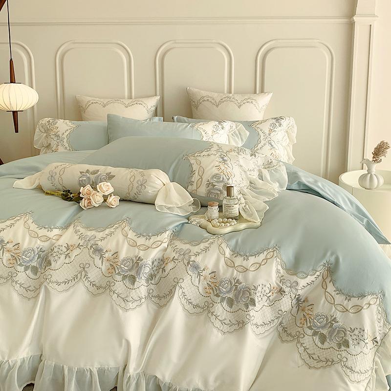 1000TC Egyptian Cotton Romantic French Princess Bedding Set Rose Embroidery Lace Ruffles Duvet Cover Set Bed Sheet Pillowcases