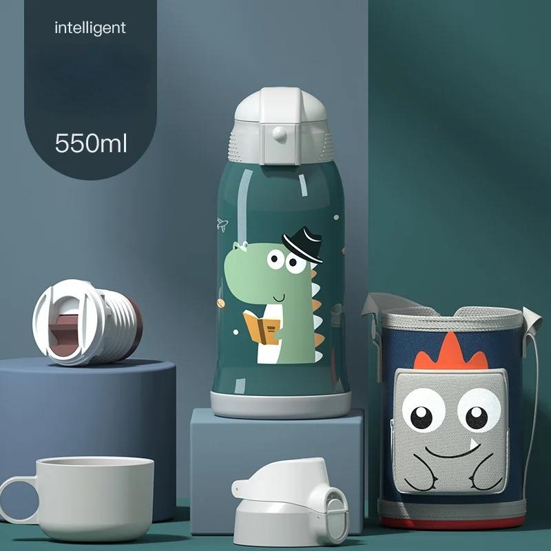 550ML Przenośny Kubek Termosowy z Kreskówką Inteligentny Wyświetlacz Temperatury LED Kubek ze Słomką dla Dzieci Stal Nierdzewna 316 Odporny na Upadki Czajnik Studencki