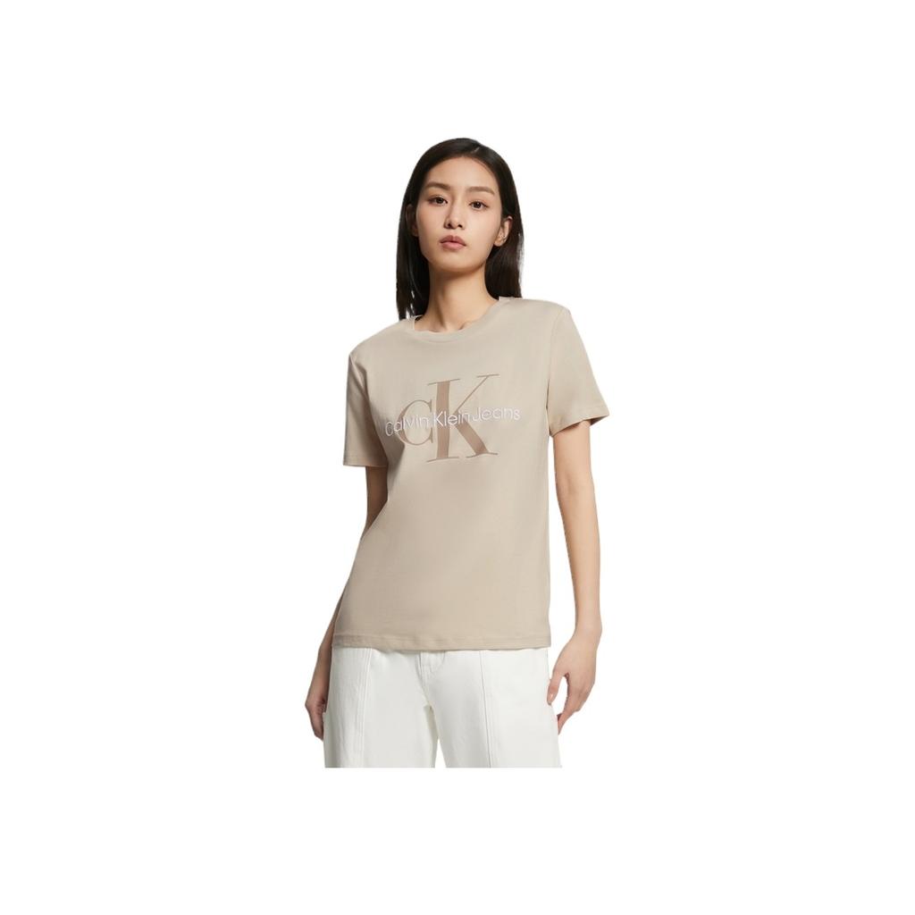 Calvin Klein Fashion Overprint Letter Pure Cotton Breathable Round Neck Short Sleeve T-Shirt Women Tops Beige J218885-ACI