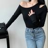 Fashion Off-the-shoulder Long Sleeved Knitted T-shirt Spring Autumn Black Oblique Collar Short Inner Casual Tshirs Elegant Basic Slim Fit Clothing