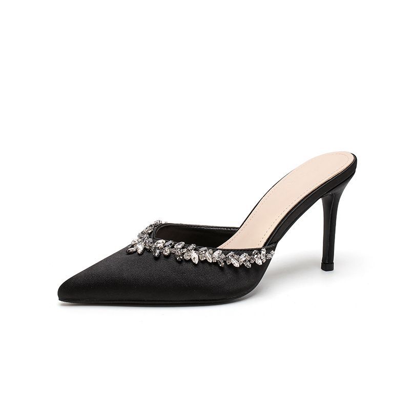 Black Satin Pointed Rhinestone High Heels 2025 Spring New Internet Celebrity Sexy Thin Heel Bag Head Cool Slippers Women