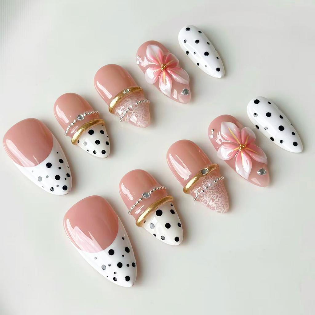 24PCS French Polka Dots Press On Nails Sweet 3D Pink Flower Yellow Almond Fake Nails for Women Cute Ins Style Wearable Nail Tips