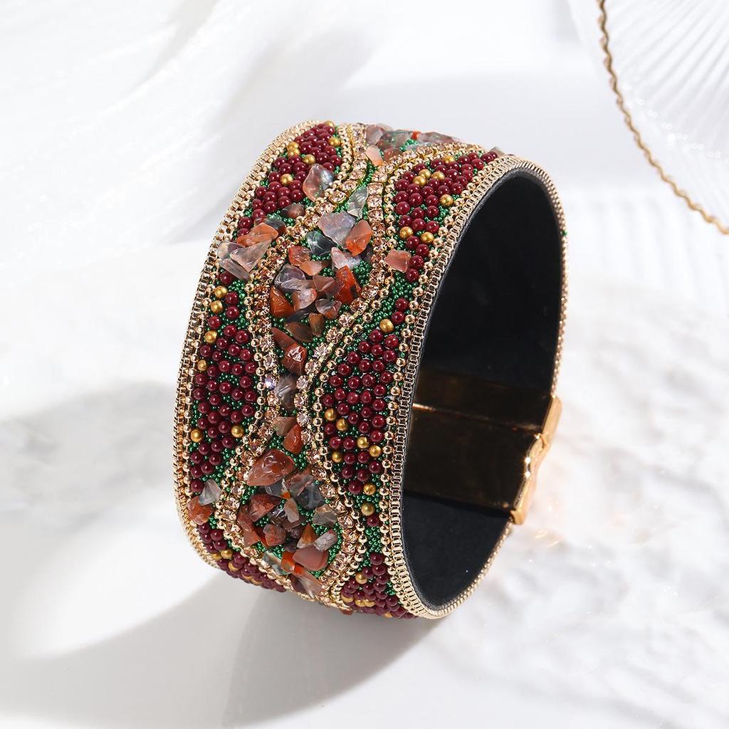 Cross-Border Bohemian Gemstone & Crushed Stone Bead Leather Bracelet for Women with Stainless Steel Magnetic Clasp