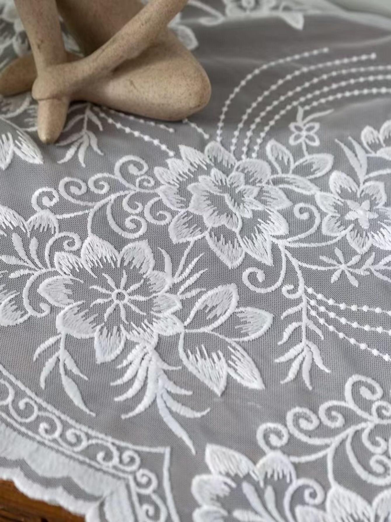 Vitragegordijnen Witte Geborduurde Bloemen Voile Gordijnen voor Woonkamer, Slaapkamer W100xH200cm&Velcro wit