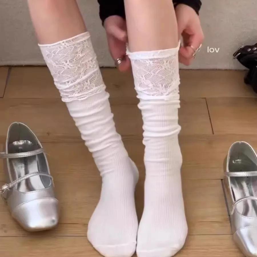 Lolita Stockings Woman Solid Color Lace Cute Lolita Thigh High Thick Warm Stockings Autumn/Winter White Long Leg Socks for Women