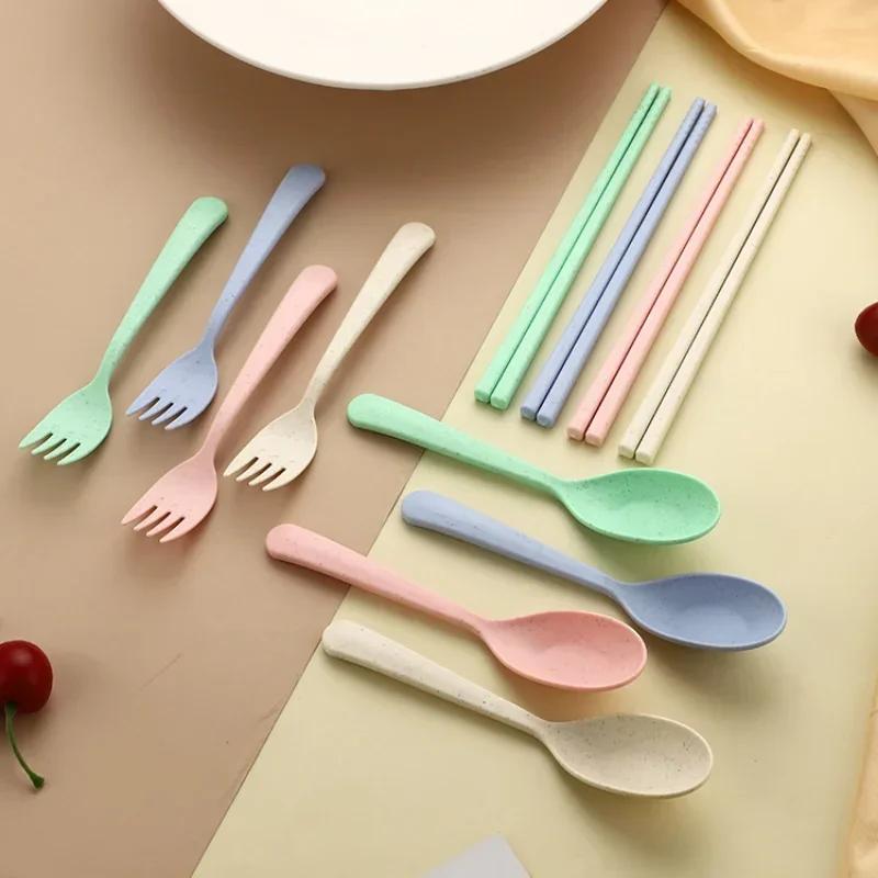 Set de veselă din paie de grâu 3în1, furculiță, lingură, cuțite, picnic, camping, cu carcasă, veselă portabilă, set de tacâmuri