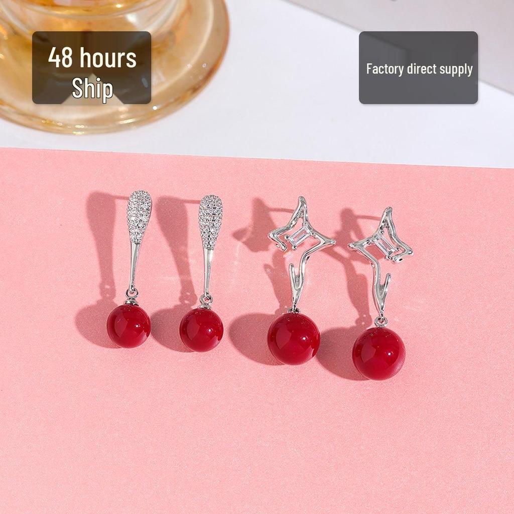 Real Gold-Plated Star Red Pearl Earrings, Light Luxury, Full Diamond Water Drop, Niche Design, Versatile for Women