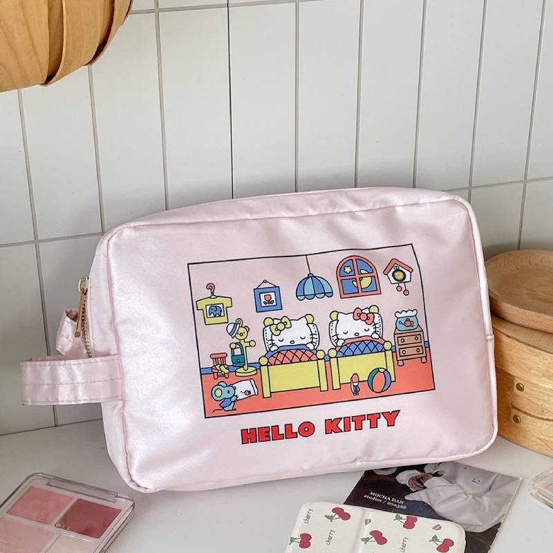 Hello Kitty Satin Makeup Bag With Cartoon Print For Travel And Daily Use