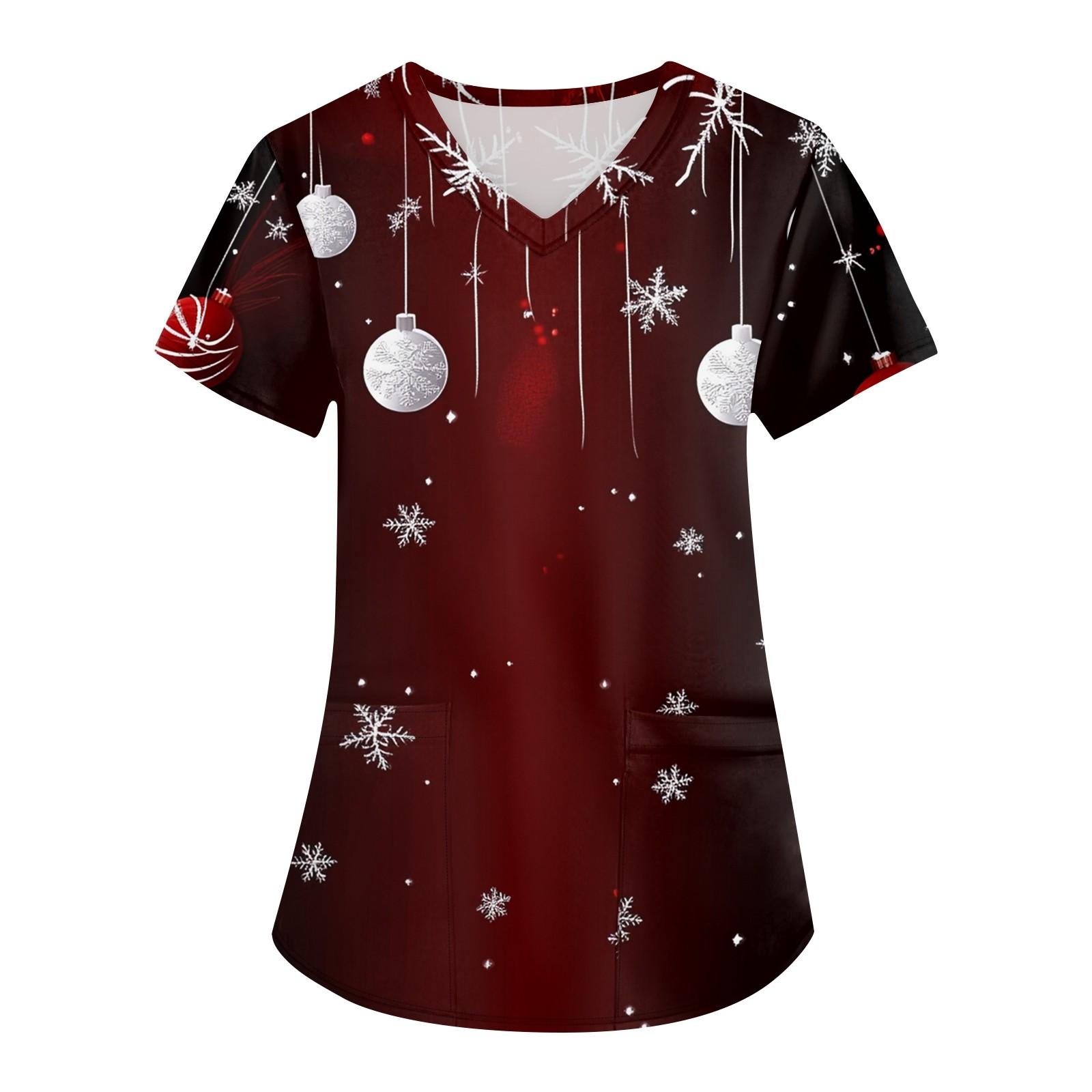 

Женская мода с v-образным вырезом, короткими рукавами и карманами, топы с рождественским принтом XXXXL винный