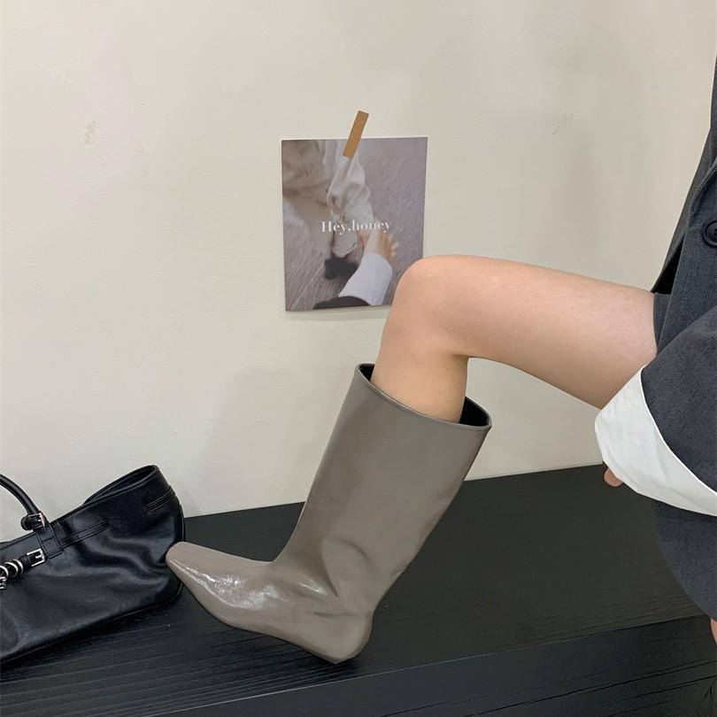 European and American style big tube minimalist style long boots women's 2025ins wind pointed retro knight boots thin slope heel thin boots