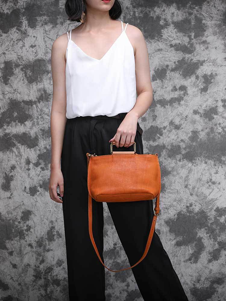 Johnature Handmade Cow Leather Women Bag Simple Retro Handbag Large Capacity Solid Color Shoulder Bags