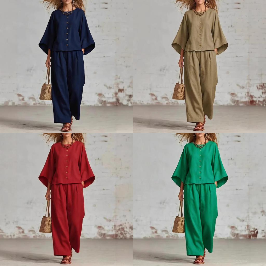 Womens Summer Linen Cotton Blended Top Wide Leg Pants Suit With Spliced Pattern For Casual Office Wear