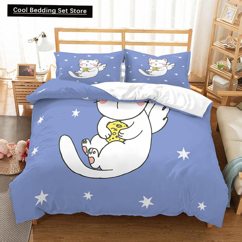Katze Blumen König Königin Bettbezug Cartoon Kitty Floral Bettwäscheset für Kinder Niedliche Tiere Schwarz 2/3-teilig Polyester Steppdeckenbezug