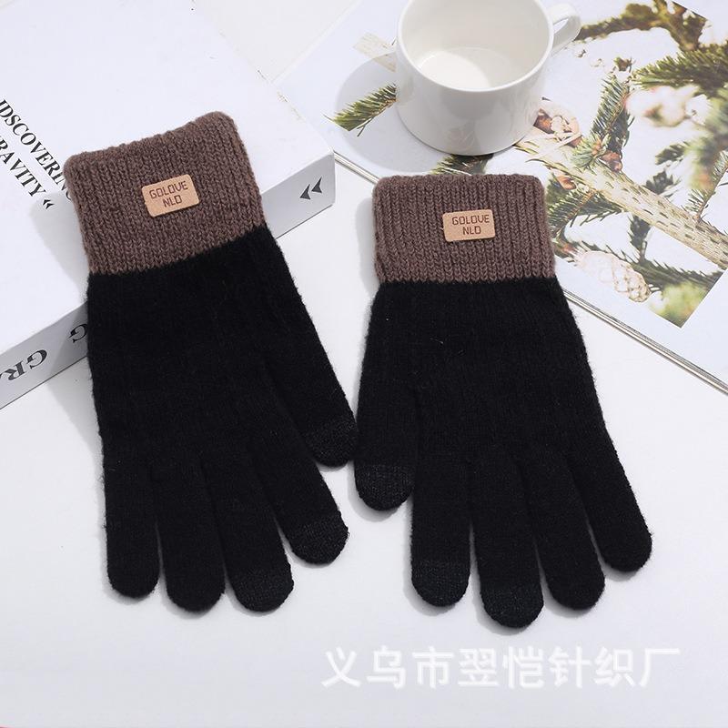 Fleece thickened warm and cold-proof five-finger gloves, riding fleece students winter windproof jacquard knitted gloves