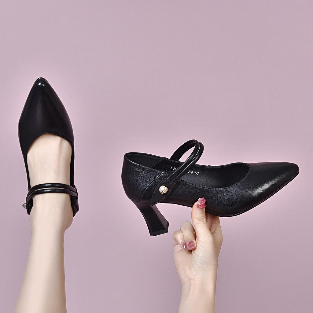 Pointed high heels women's spring sheepskin shallow mouth single shoes one-word buckle work shoes formal women's shoes