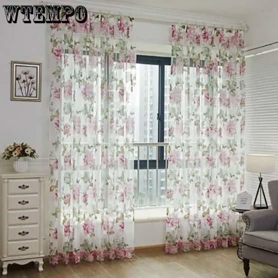 2PCS Pastoral Style Big Peony Custom Window Screen Perforated Finished Curtains with Gauze Living Room Bedroom Balcony Window Decoration Curtains