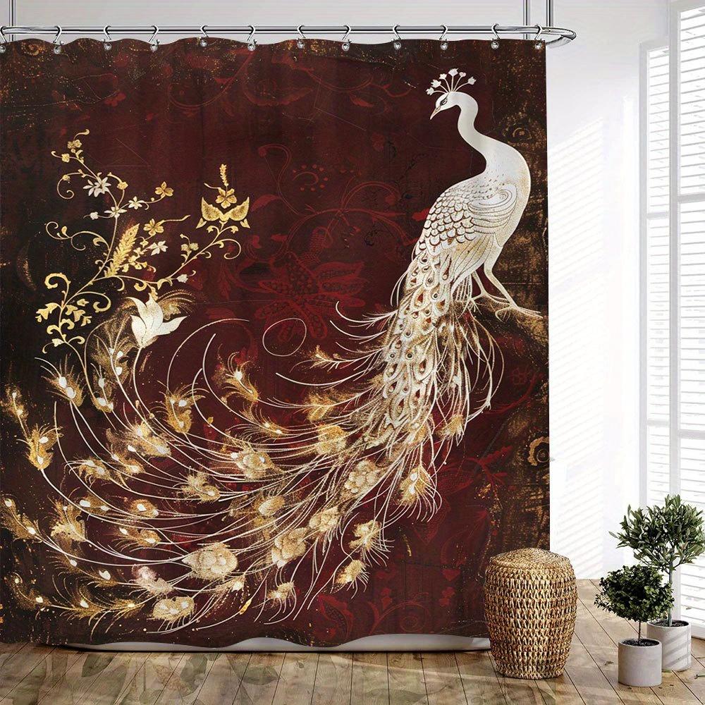 1pc White Peacock Shower Curtain with Iridescent Golden & White Feathers on Deep Red Background, Golden Floral Patterns 90x180cm