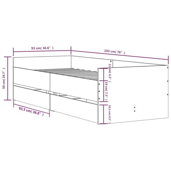 VidaXL Cadre de Lit avec Tiroirs, Lit Simple avec Sommier à Lattes, Lit Adulte de Chambre, Moderne, Sonoma Gris 90x190 cm 3207355
