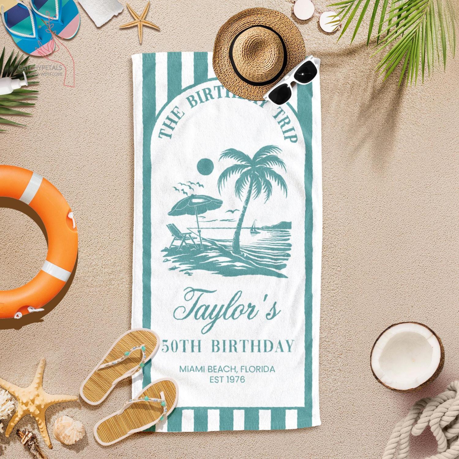 Birthday Trip Striped Beach Towel, Tropical Cocktail Palm Tree Summer Beach Towel for 50th Birthday W40*H60(CM)