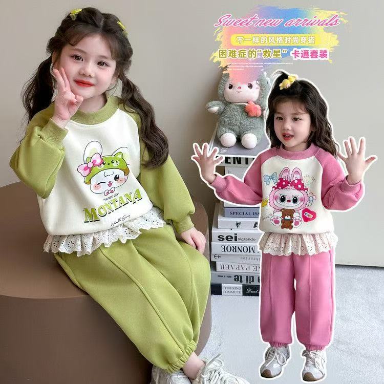 Girls Spring Autumn Casual Set Cute Hoodie And Lace Sweatpants Two Piece Outfit For Kids 90