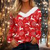 Women's Long Sleeve Christmas V-Neck Top with Plush Collar and Color Block Print