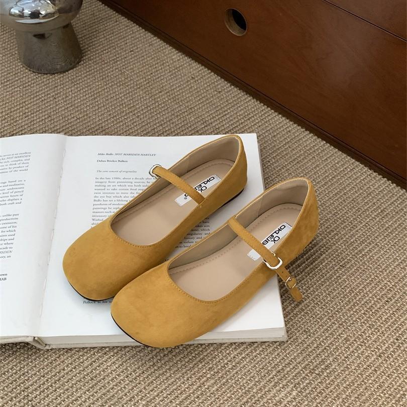 2025 Spring and Summer New Fairy Ballet Shoes Square Head Shallow Mouth Late Evening Wind One-word Buckle Mary Jane Shoes Suede Ladyshoes