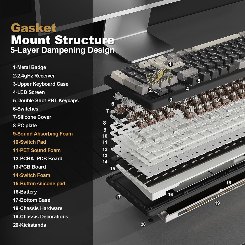 YUNZII IF99 Layout Wireless Gaming Keyboard with Mechanical LCD Technical Standards Certification Cocoa Cream V2 96% Bluetooth/2.4G/Wired Screen,