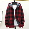 Yousheng Fall Winter Men Coat Zip-up Knitted Long Sleeves Thick Plush Plaid Print Hooded Outerwear Loose Double Pockets Daily Sport Outdoor Work