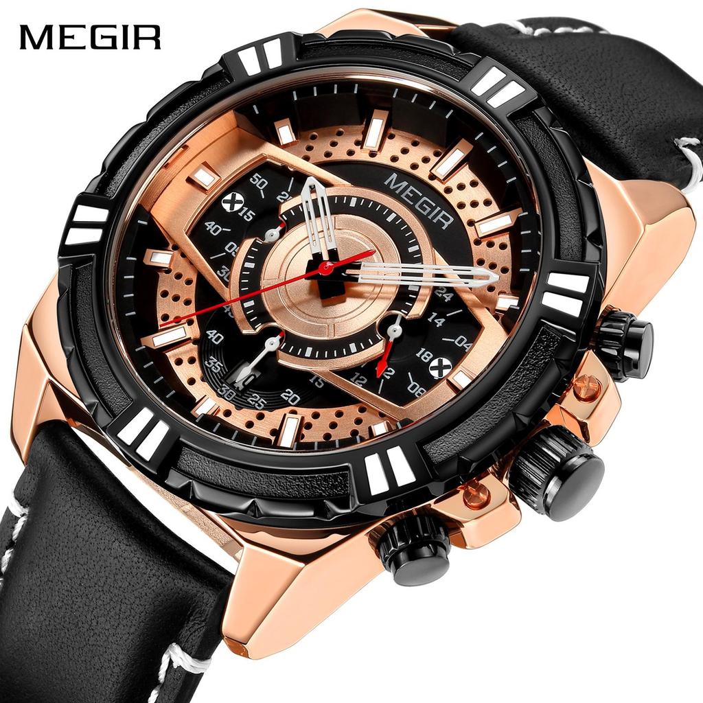 New Watches Men Luxury Brand MEGIR Chronograph Men Sports Watches Waterproof Leather Quartz Men's Watch Relogio Masculino